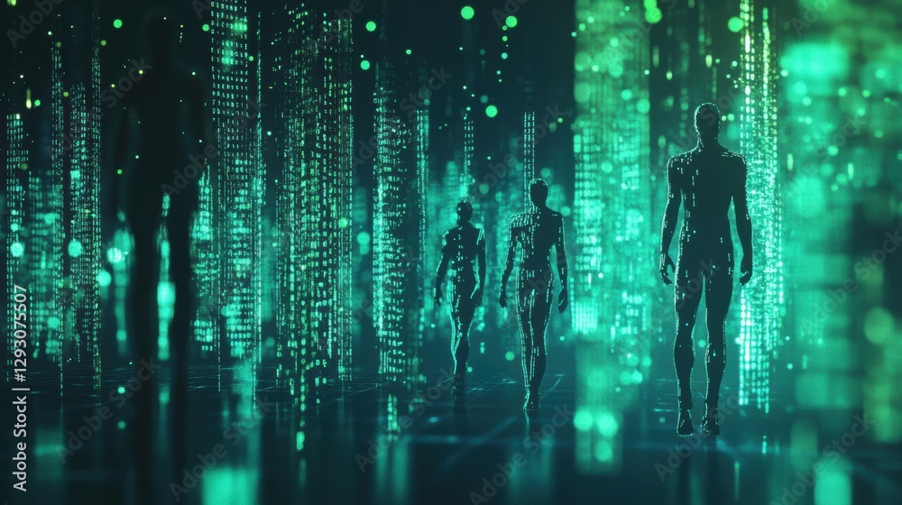 Poster Exploring a digital realm with human silhouettes amidst floating matrix code in a futuristic environment. Generative AI