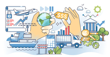 Tariffs depict global trade with a globe, price tag, and ship, transparent background. © VectorMine
