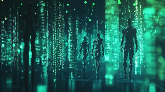 Exploring a digital realm with human silhouettes amidst floating matrix code in a futuristic environment. Generative AI - Powered by Adobe