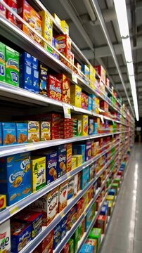 Vibrant grocery aisle packed with colorful cereal boxes in busy supermarket scene