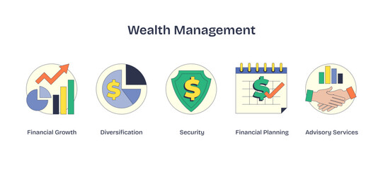 Fototapeta premium Wealth management icons show growth, security, and planning, transparent background.