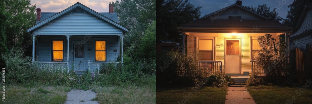 Aufkleber contrast between abandoned house enveloped by nature and cozy restored cottage at dusk. generative a