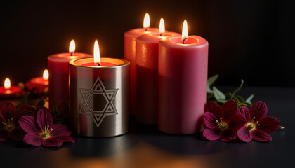 Candles with Star of David and flowers on dark background