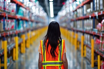 Female warehouse worker wearing a high-visibility safety vest, standing in center large storage facility. Logistics, inventory management, supply chain operations in structured work environment.