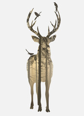 Silhouette of a deer, pine forest and birds inside. Brown tones, isolated object	