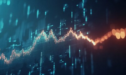 Obraz premium A digital representation of a fluctuating graph, showcasing data trends with glowing lines and points against a dark background.
