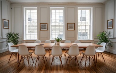Modern conference room with large windows and wooden floor.