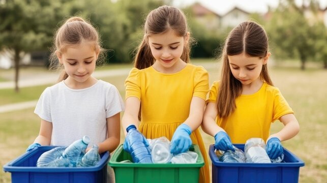 A family of parents and children working together to sort plastic bottles into recycling bins at a local park demonstrating environmental responsibility and promoting sustainability to the next