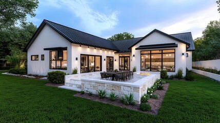 Modern house with large windows and outdoor seating area in green landscape.