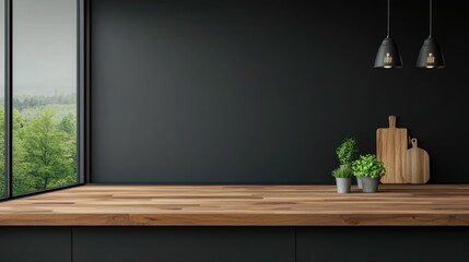 Sleek and modern kitchen with a minimalist wooden bar top accented by hanging lights that cast a warm glow and offering a peaceful view of the lush green forest outside the window
