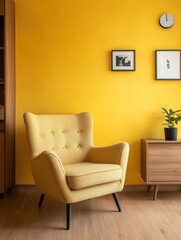 A yellow armchair sits in a brightly lit and bright room