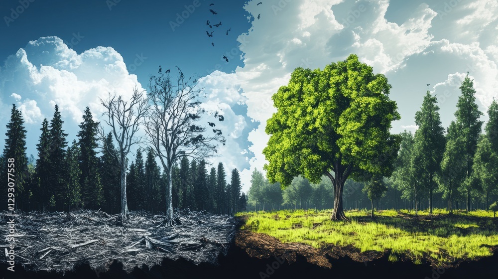 Poster contrast of deforested land with dead trees and thriving green forest highlighting nature conservati