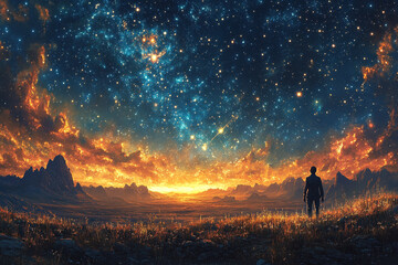 Fototapeta premium Celestial Horizon, A Solitary Figure Under a Cosmic Vista