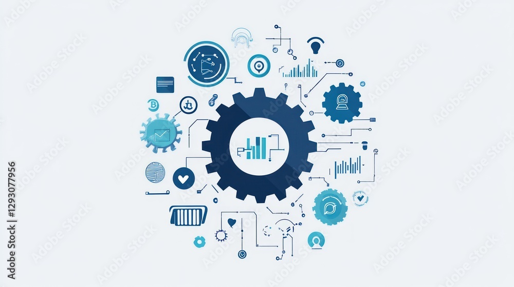 Poster interconnected gear system with various data visualization elements, suggesting business process opt