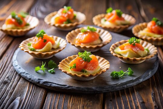Gourmet Smoked Salmon Appetizers on Slate, Wooden Background - Tilt-Shift Photography