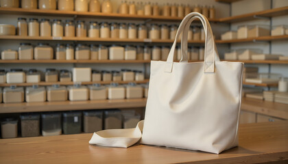 Beige reusable shopping bag on wooden table with bulk food dispensers in background, zero waste