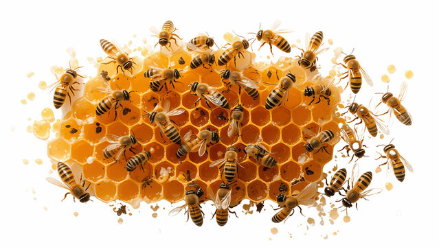 Honeycomb filled with golden honey and surrounded by bees in a close-up shot