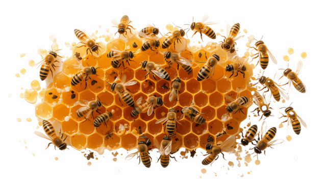 Honeycomb filled with golden honey and surrounded by bees in a close-up shot