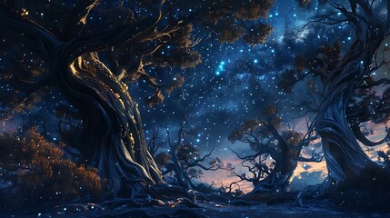 Fototapeta premium Enchanted Night Sky Over Ancient Trees Under Shimmering Stars in Fantasy Landscape
