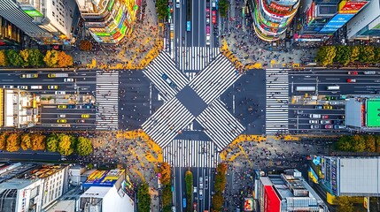 Aerial view of bustling city intersection