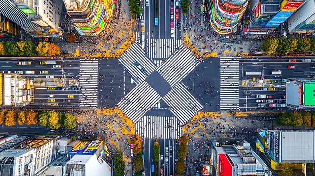 Aerial view of bustling city intersection