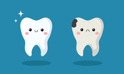 Cute tooth character, happy healthy tooth and sad cavities tooth