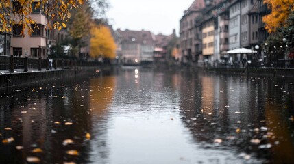 Autumn canal, city reflection, leaves, walkway