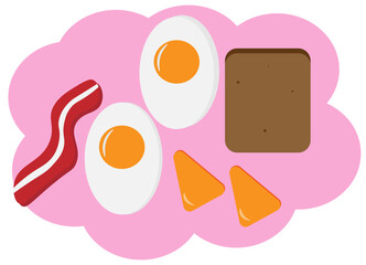 egg two halves bacon bread and cheese on a pink background,
