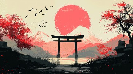 Serene Japanese Landscape with Torii Gate and Red Sun at Dusk