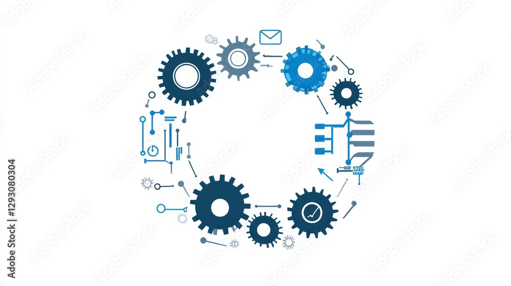 Poster abstract gears and circuits, interconnected, forming a circular pattern, depicting a complex system.