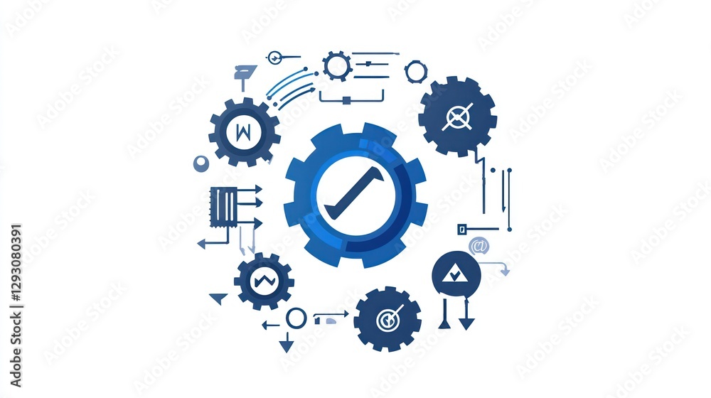 Poster abstract illustration of a system with interconnected gears, check mark, and various technical eleme
