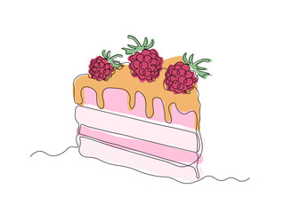 Dessert sweet piece of cake with raspberries, sweetness, continuous single one line art hand drawing sketch logo