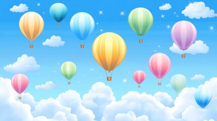 Air Balloons and Clouds in a Beautiful Sky Backdrop Illustration
