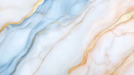 Naklejka premium Elegant marble texture with soft blue, white, and gold streaks, ideal for design and backgrounds.