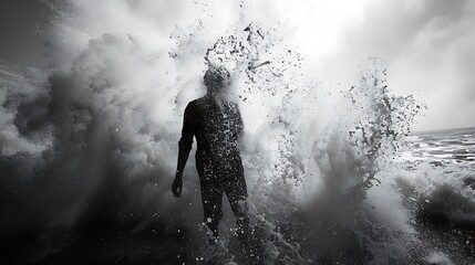 Fototapeta premium Silhouette of a Person Standing in Waves with Dramatic Sea Spray and Monochrome Atmosphere