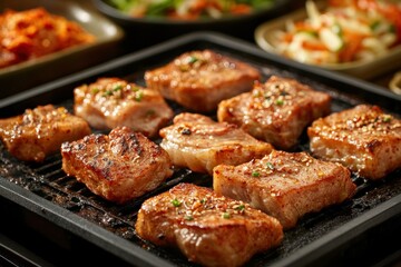 Close-up of Grilled Korean Barbecue Meat with Various Marinades on a Traditional Grill