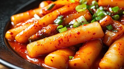 Close-Up of Spicy Korean Tteokbokki Rice Cake on Plate with Green Onions and Red Sauce