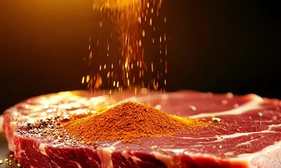 close-up of beff sprinkled with various cooking spices