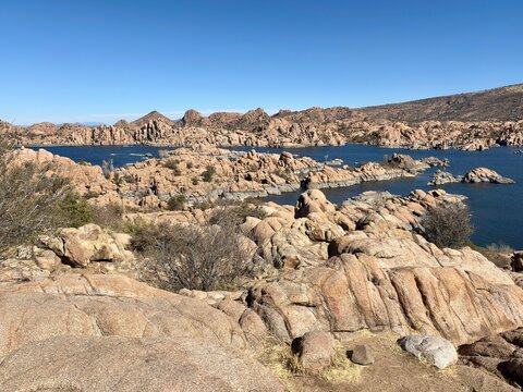 Breathtaking view of Watson Lake with rocky islands and blue waters