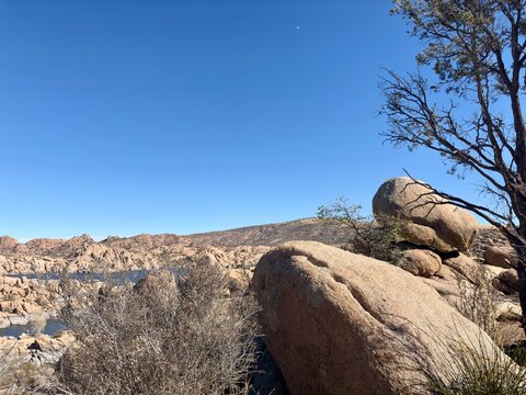 Large desert boulders, sparse vegetation, clear blue sky in daylight