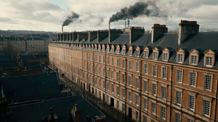 Obraz premium A panoramic view of brick buildings with smoke rising from chimneys under a cloudy sky, depicting an industrial landscape.