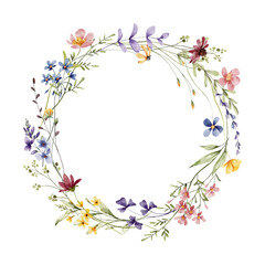 Obraz premium Wreath with watercolor flowers, floral frame for greeting card, invitation and other printing design. Isolated on white. Hand drawing. 