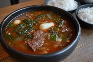 Hearty Korean Galbitang Soup with Tender Beef and Vegetables Served with Rice