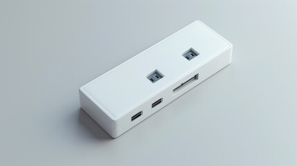 A modern surge protector, sleek and compact, lying flat on a pristine white surface.