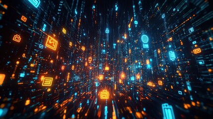 Digital Interface with Technological and Data-Related Icons in Blue and Orange Colors