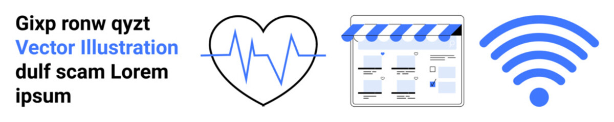 Graphic heart with heartbeat line, website layout with storefront awning, and blue wireless signal. Ideal for healthcare, digital marketing, e-commerce, technology, connectivity, internet