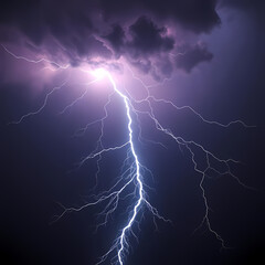 Fototapeta premium Bright white lightning bolt descending from dark storm clouds at night