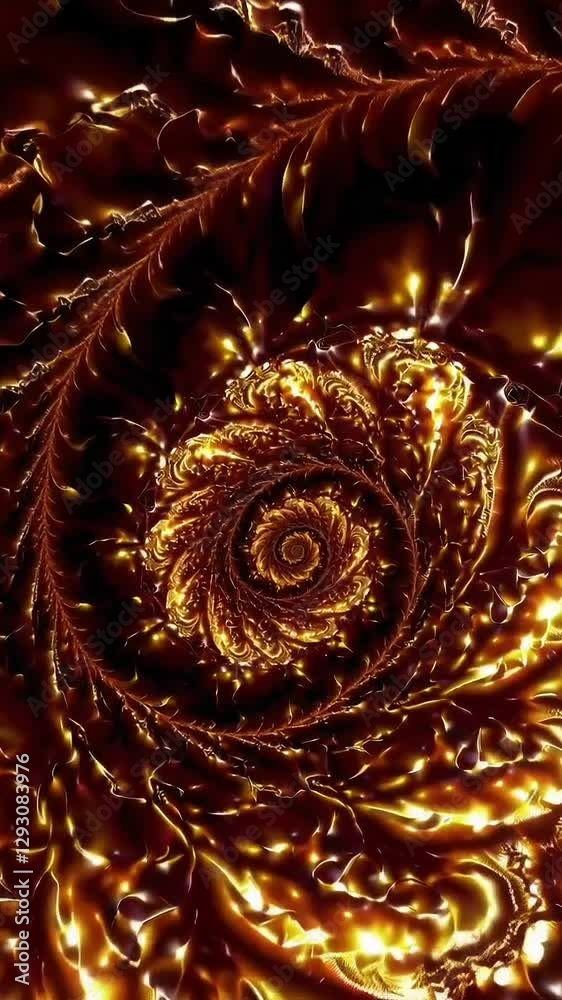 Poster golden fractal swirls animate in mesmerizing spiral pattern with luminescent effects