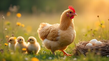 Fototapeta premium Primavera, rinascita e ritorno alla vita: chioccia con pulcini