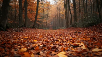 A peaceful morning, the forest floor covered in crisp autumn leaves.